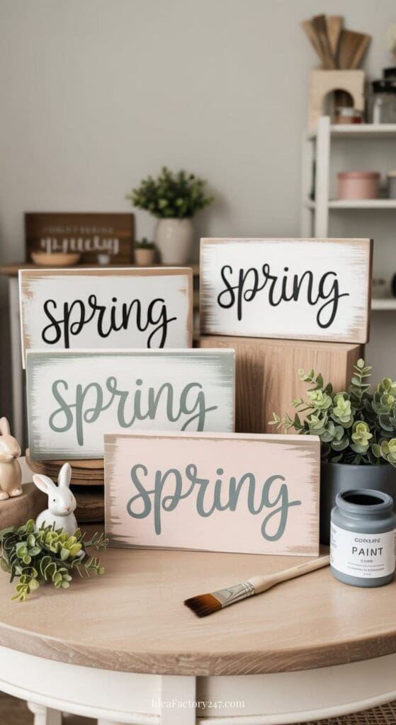 Four decorative wooden signs reading spring in different styles are displayed among small plants, a paintbrush, a paint can, and a ceramic bunny on a table in a cozy, light-toned setting.