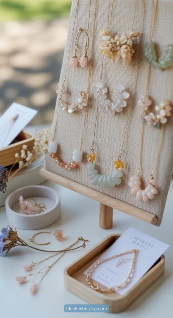 A display of delicate jewelry, including earrings, necklaces, and bracelets with pastel-colored beads and floral designs, arranged on a beige stand and trays on a table. Dried flowers decorate the setup.