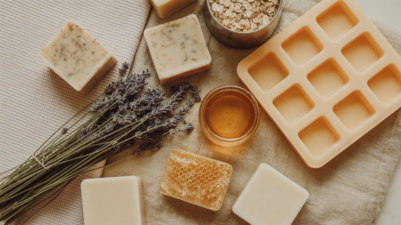A flat lay of handmade soap bars, a honeycomb piece, dried lavender, a bowl of oats, a small bowl of honey, and a beige soap mold on neutral-colored fabric backgrounds.