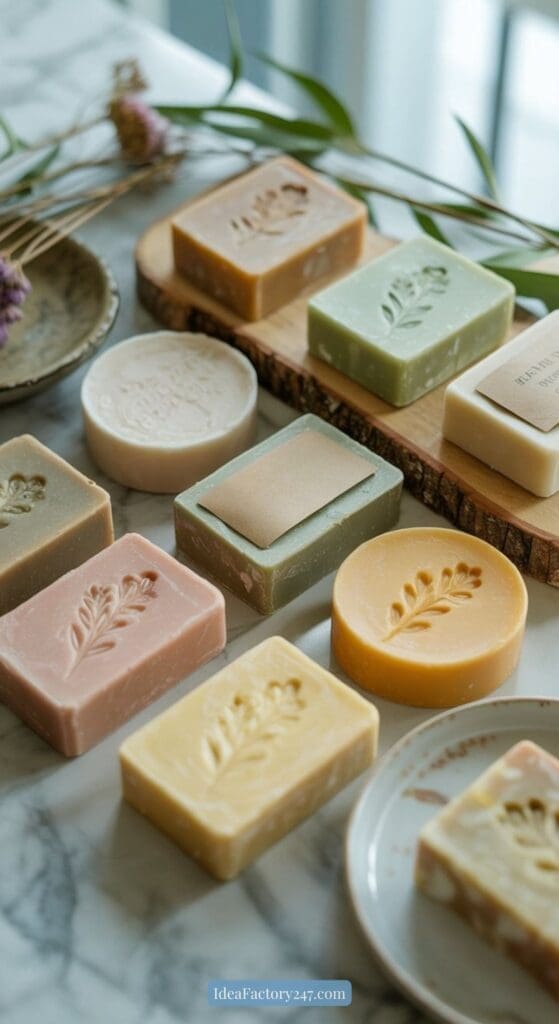 Various rectangular and round handmade soaps in pastel colors are arranged on a marble surface, some with pressed leaf designs. Dried flowers and ceramic plates are also visible in the background.