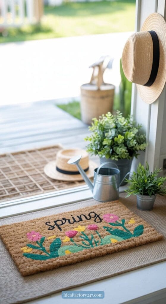 A doorway with a colorful spring doormat featuring flowers, surrounded by potted plants, a metal watering can, and straw hats hanging and resting nearby. Sunlight streams in, creating a bright, welcoming scene.