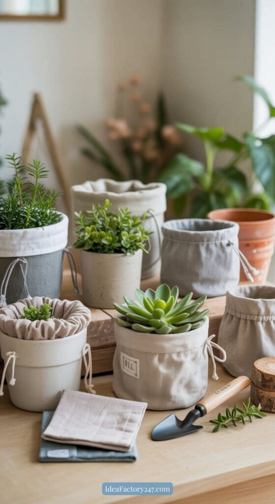 A variety of small potted plants and succulents in fabric and ceramic pots are arranged on a wooden table, with gardening tools and a stack of napkins nearby. A leafy plant and home decor can be seen in the background.