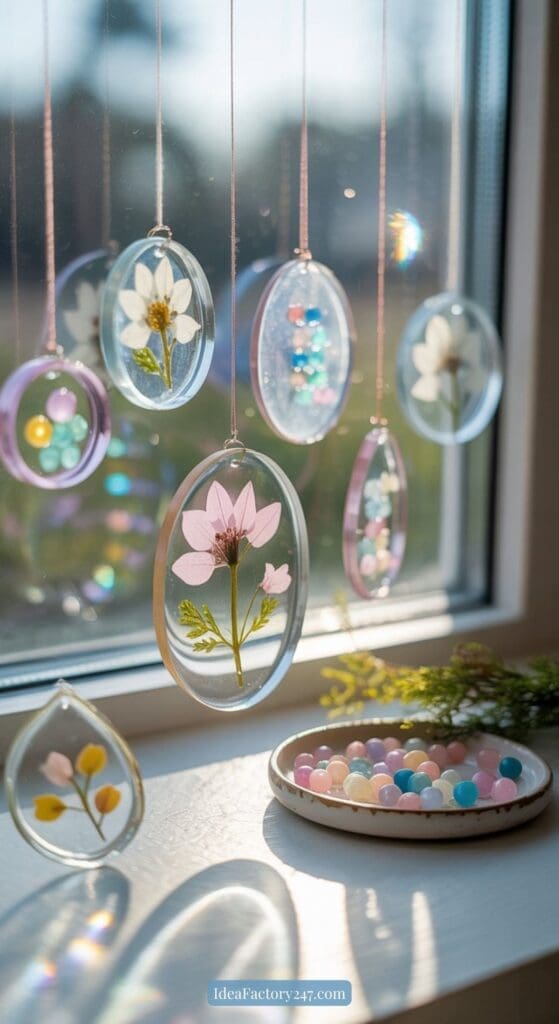 Sunlight shines through a window decorated with hanging resin ornaments containing pressed flowers and colorful beads. A small dish with pastel beads sits on the windowsill beside some greenery.