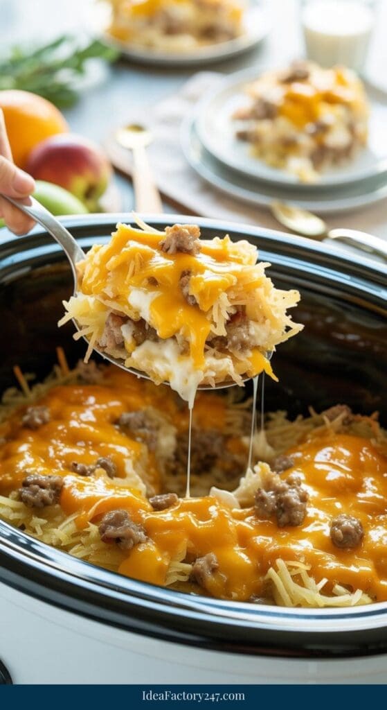 A close-up of a cheesy hash brown breakfast casserole with sausage in a slow cooker. A hand lifts a serving with a spoon, showing melted cheese and shredded potatoes. Plates with servings are visible in the background.