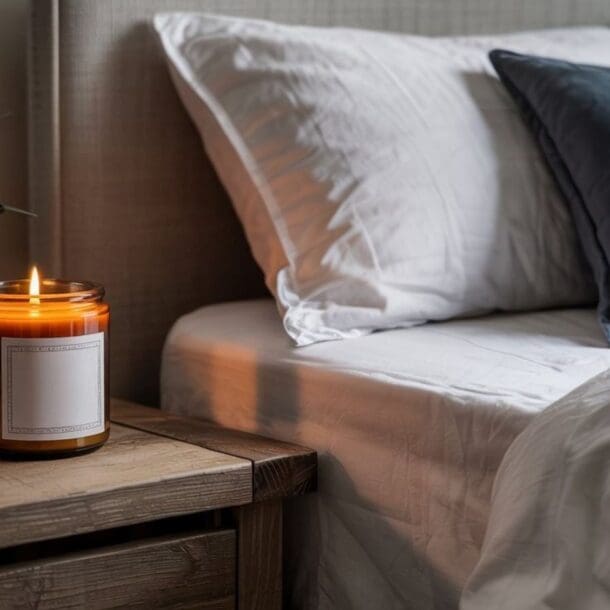 A DIY sleep candle in a glass jar glows on a wooden bedside table next to a stack of books and a potted plant, beside a neatly made bed with white sheets and blue and white pillows.