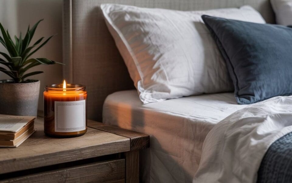 A DIY sleep candle in a glass jar glows on a wooden bedside table next to a stack of books and a potted plant, beside a neatly made bed with white sheets and blue and white pillows.