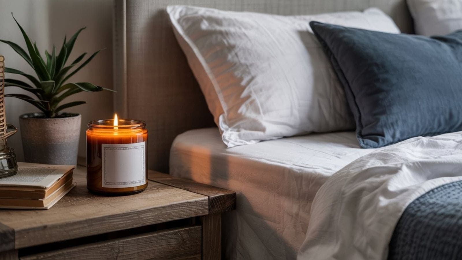 A DIY sleep candle in a glass jar glows on a wooden bedside table next to a stack of books and a potted plant, beside a neatly made bed with white sheets and blue and white pillows.