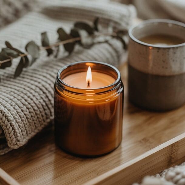 A lit winter candle, a folded knitted blanket with eucalyptus, and a mug of coffee sit on a wooden tray, creating a cozy and warm atmosphere.
