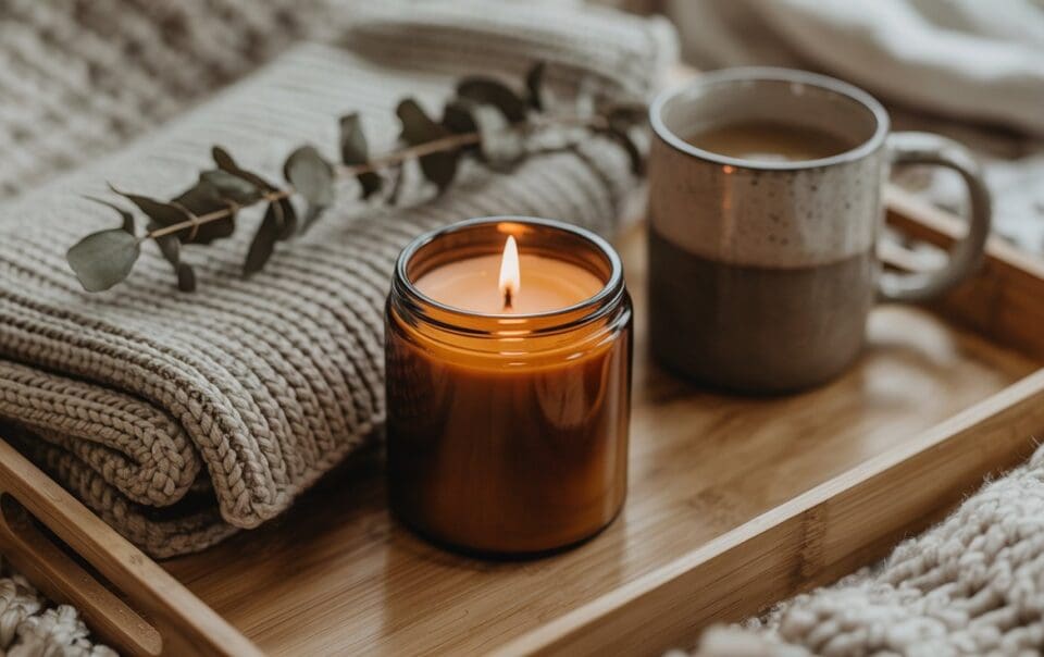 A lit winter candle, a folded knitted blanket with eucalyptus, and a mug of coffee sit on a wooden tray, creating a cozy and warm atmosphere.