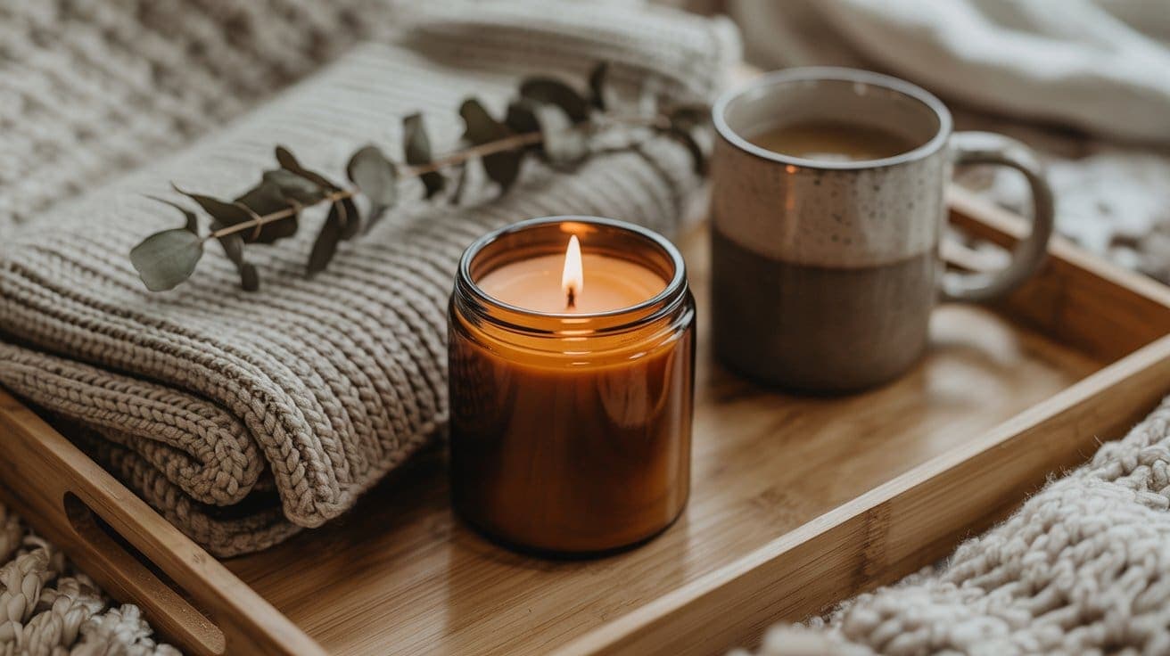 A lit winter candle, a folded knitted blanket with eucalyptus, and a mug of coffee sit on a wooden tray, creating a cozy and warm atmosphere.
