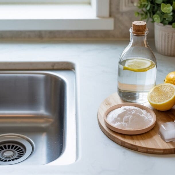 A kitchen sink with a wooden tray holding a glass bottle of water with lemon, two lemons (one cut in half), a bowl of baking soda, and ice cubes on a marble countertop—perfect essentials to clean garbage disposal naturally.