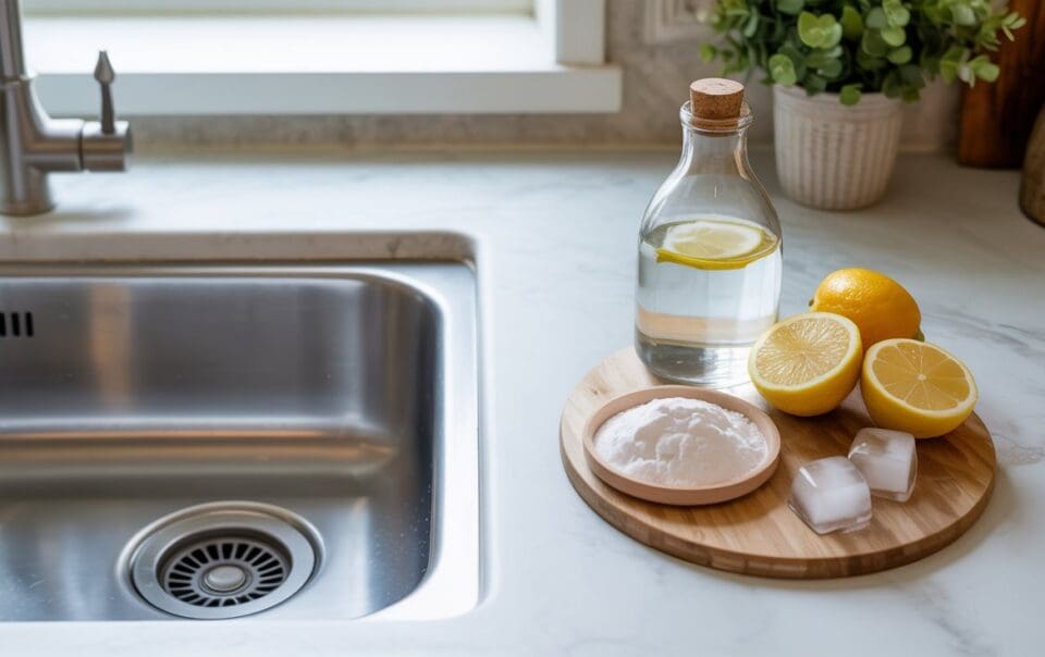 A kitchen sink with a wooden tray holding a glass bottle of water with lemon, two lemons (one cut in half), a bowl of baking soda, and ice cubes on a marble countertop—perfect essentials to clean garbage disposal naturally.