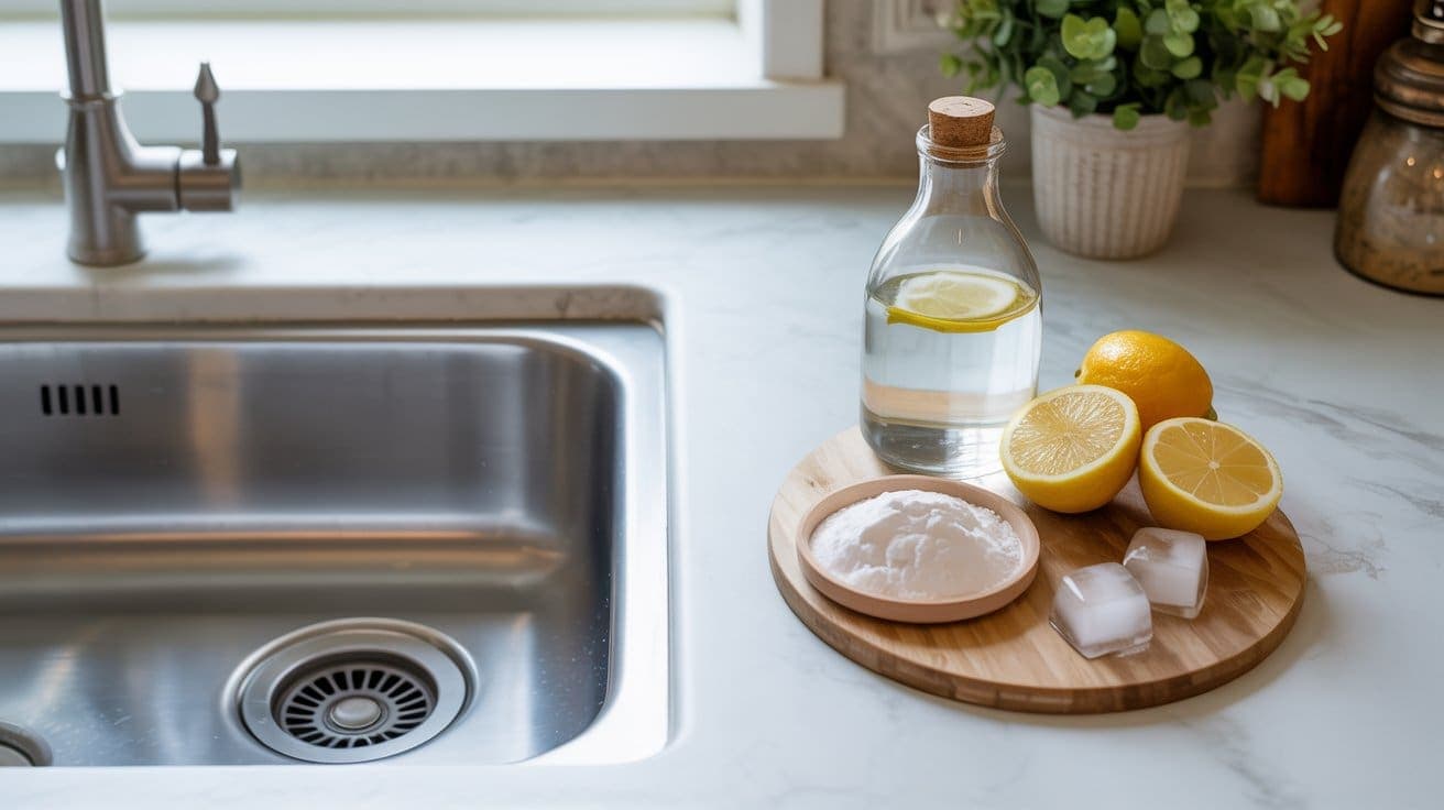 A kitchen sink with a wooden tray holding a glass bottle of water with lemon, two lemons (one cut in half), a bowl of baking soda, and ice cubes on a marble countertop—perfect essentials to clean garbage disposal naturally.