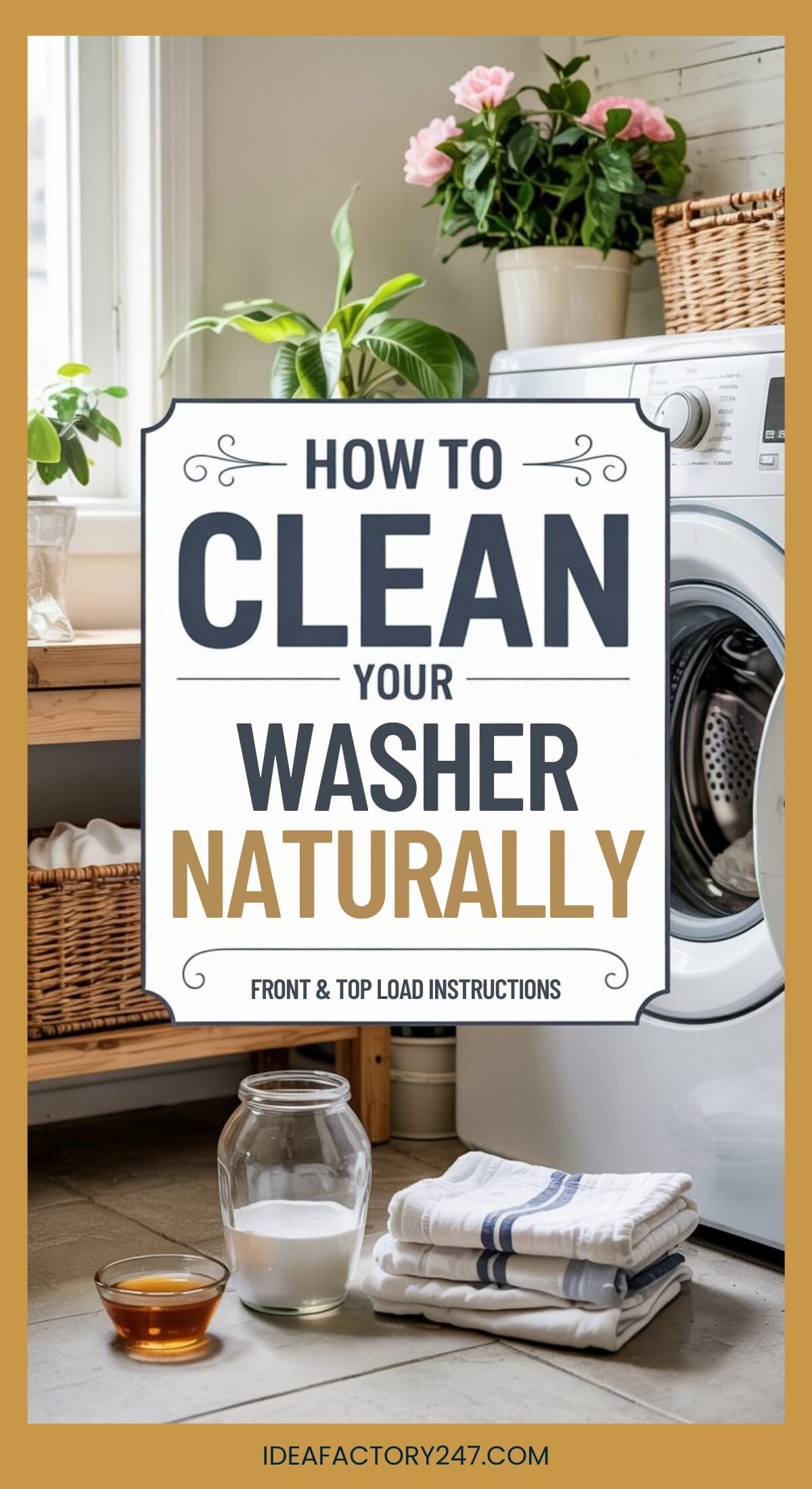 A laundry room with a washer, folded towels, a glass of vinegar, a small bowl of baking soda, and potted plants. Text overlay reads: How to clean your washer naturally. Front & top load instructions.