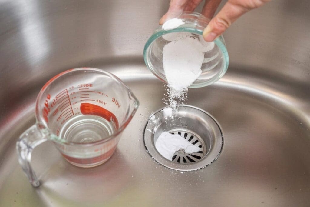 A hand pours baking soda from a small bowl into a stainless steel sink drain to clean garbage disposal. A glass measuring cup with clear liquid, likely vinegar or water, sits nearby.