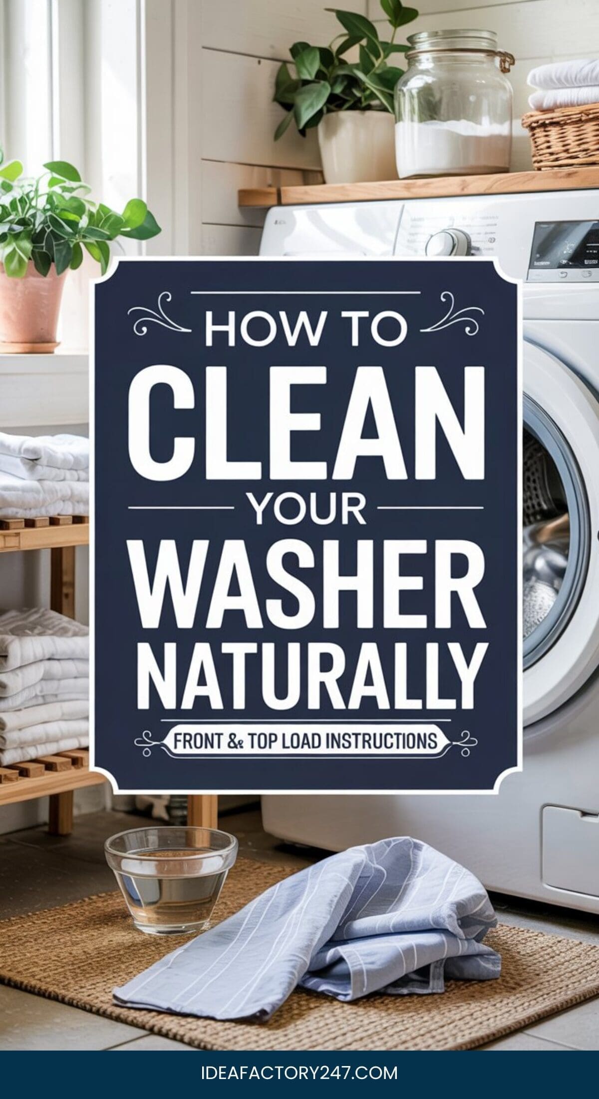 A laundry room with a washing machine, folded towels, plants, a glass bowl with water, and a striped cloth. A sign reads: How to clean your washer naturally. Front & top load instructions.