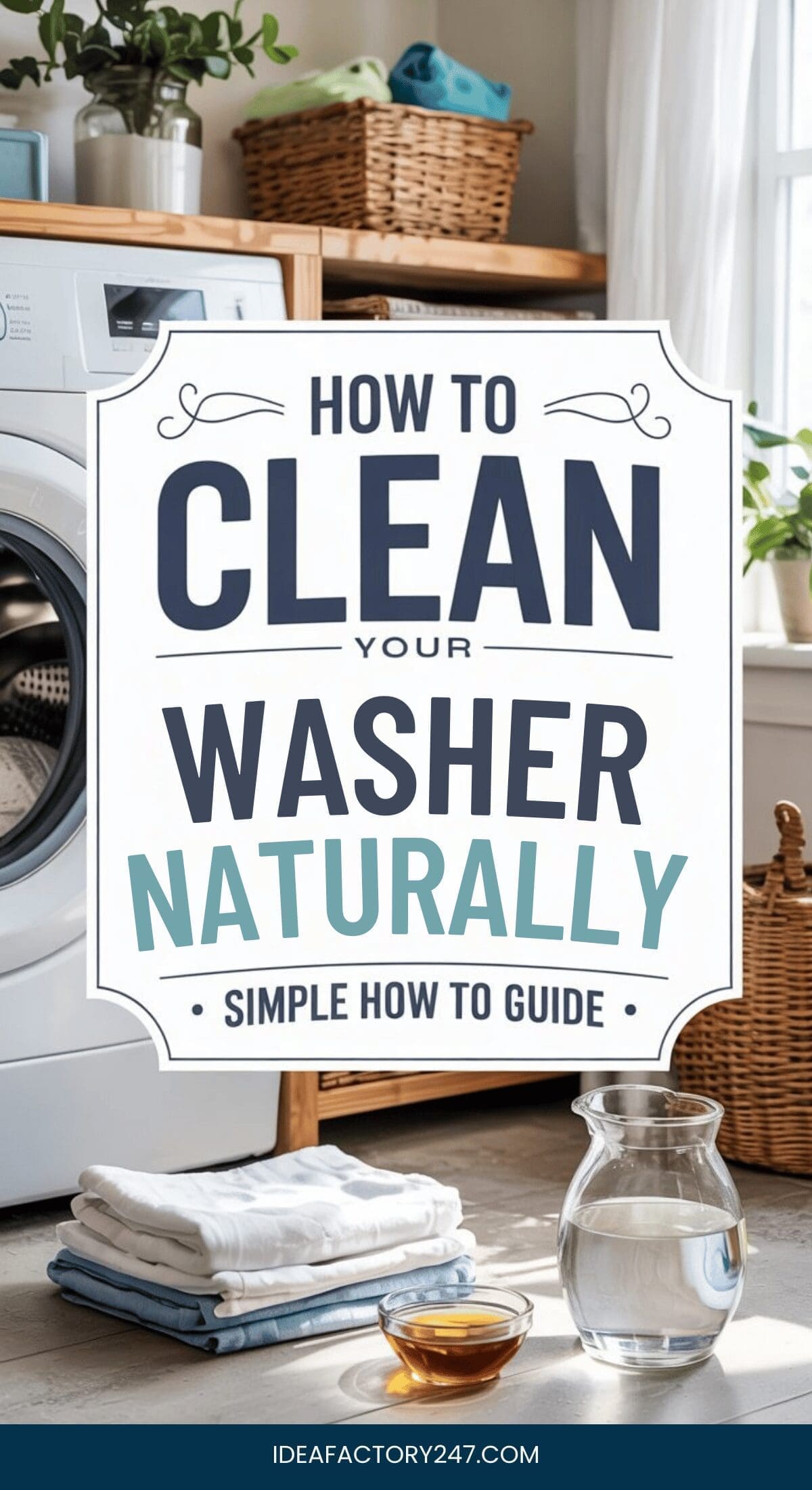 A laundry room with a washing machine, stacked towels, glass jugs with clear liquid, and baskets. A sign reads: How to clean your washer naturally. Simple how to guide.