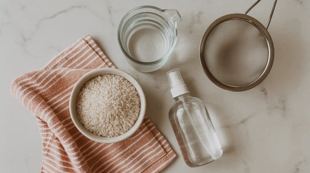 A bowl of uncooked rice on a striped cloth, a glass measuring cup with water, a fine mesh strainer, and a spray bottle arranged on a light marble surface.