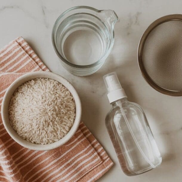 A bowl of uncooked rice on a striped cloth, a glass measuring cup with water, a fine mesh strainer, and a spray bottle arranged on a light marble surface.