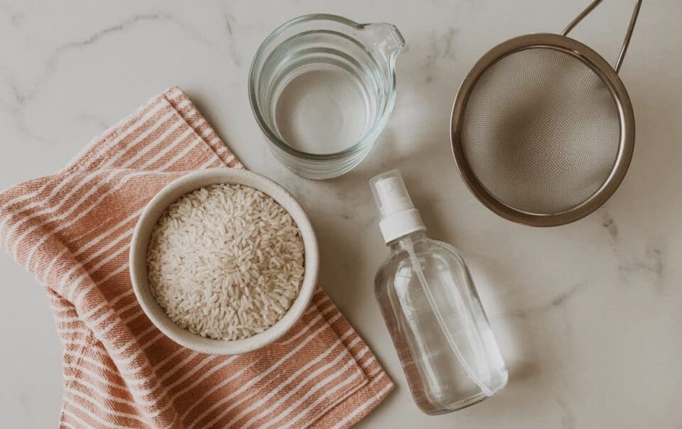 A bowl of uncooked rice on a striped cloth, a glass measuring cup with water, a fine mesh strainer, and a spray bottle arranged on a light marble surface.