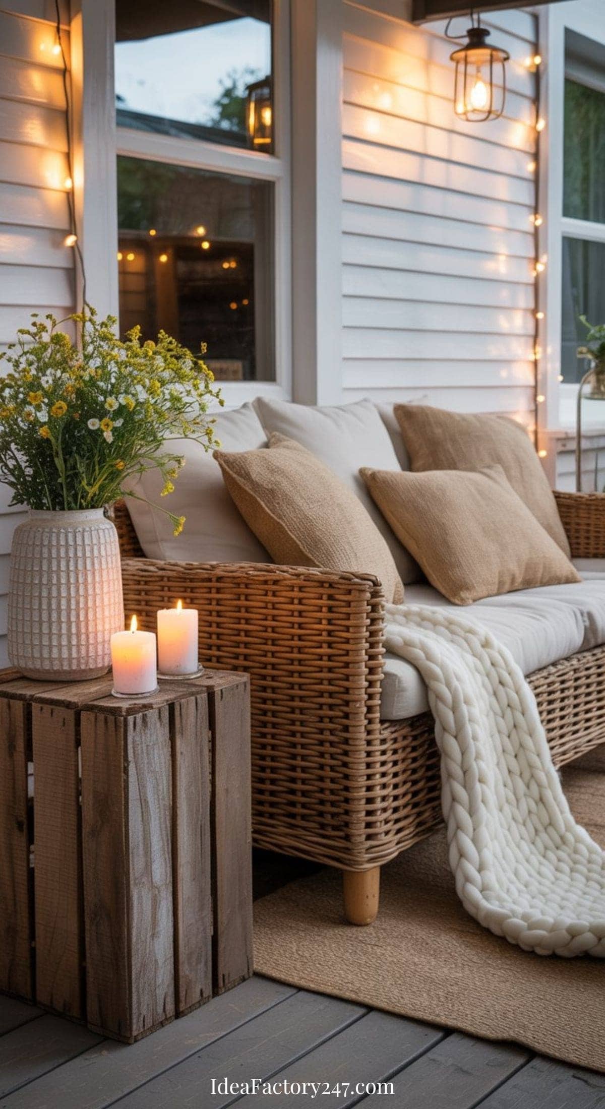 A cozy outdoor patio features a wicker sofa with beige cushions and a chunky knit blanket. A wooden crate table holds a vase of flowers and three lit candles. String lights hang on the white siding wall.