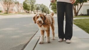 A person stands on a sidewalk holding a leash attached to a shaggy, brown-and-white dog; houses and trees line the street in the background.