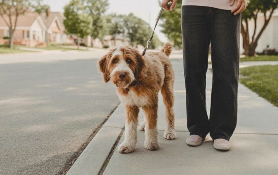 A person stands on a sidewalk holding a leash attached to a shaggy, brown-and-white dog; houses and trees line the street in the background.