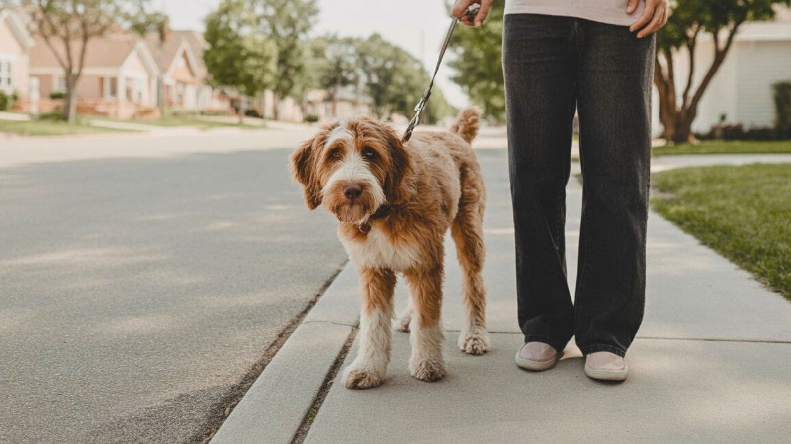 A person stands on a sidewalk holding a leash attached to a shaggy, brown-and-white dog; houses and trees line the street in the background.