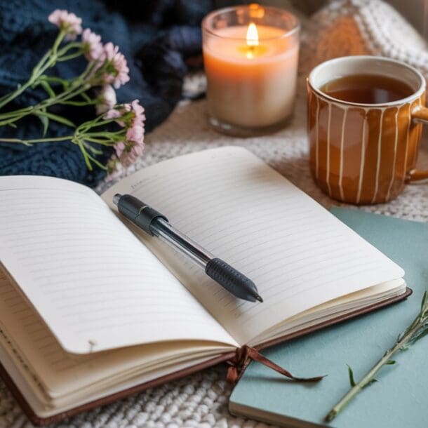 An open lined notebook with journal prompts to calm, a pen, and a closed book rests on a bed beside a mug of tea, a lit candle, and pink flowers. Cozy blankets and soft lighting create a warm, inviting atmosphere.