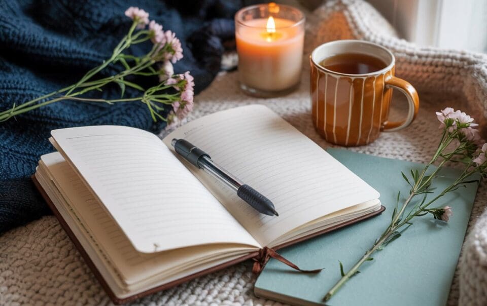 An open lined notebook with journal prompts to calm, a pen, and a closed book rests on a bed beside a mug of tea, a lit candle, and pink flowers. Cozy blankets and soft lighting create a warm, inviting atmosphere.