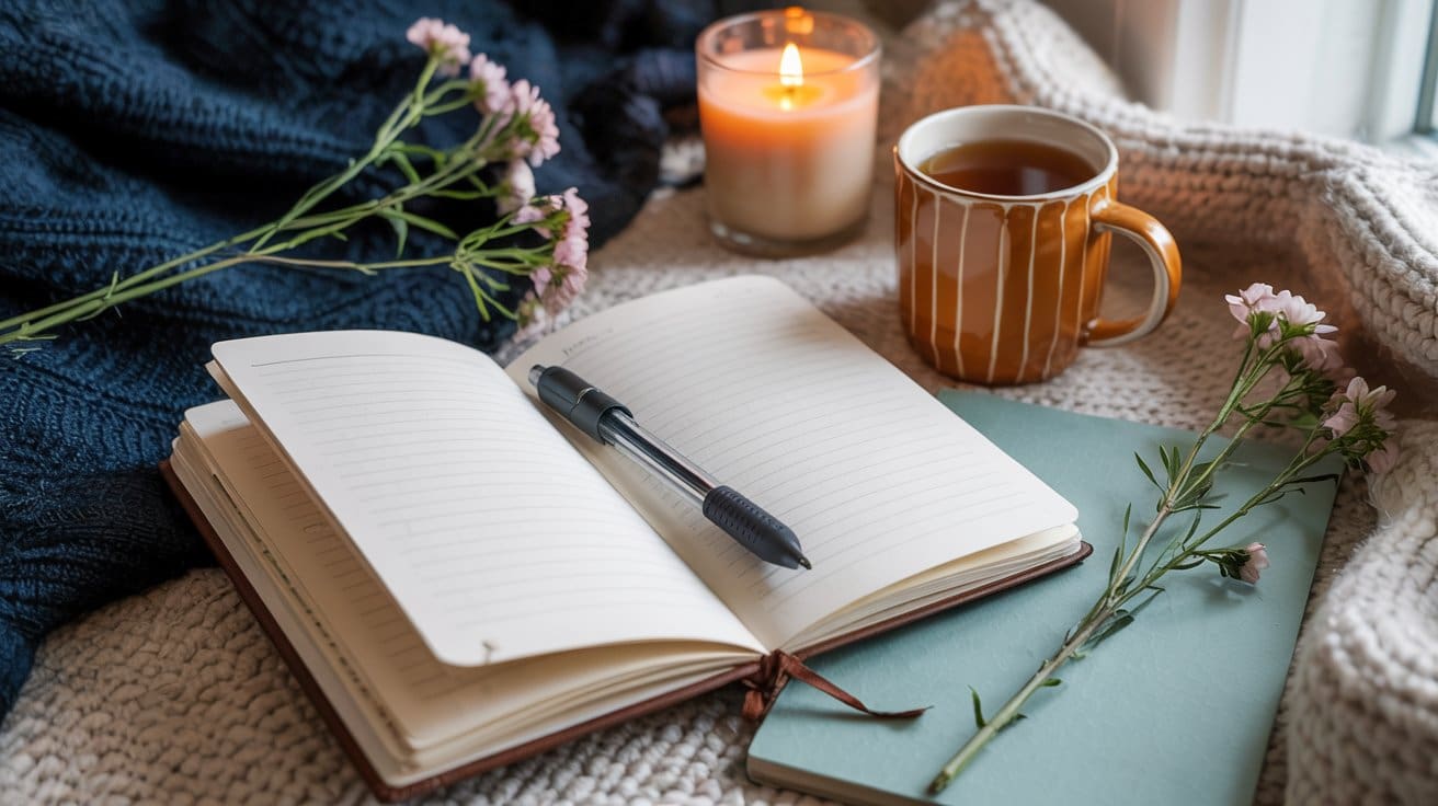 An open lined notebook with journal prompts to calm, a pen, and a closed book rests on a bed beside a mug of tea, a lit candle, and pink flowers. Cozy blankets and soft lighting create a warm, inviting atmosphere.