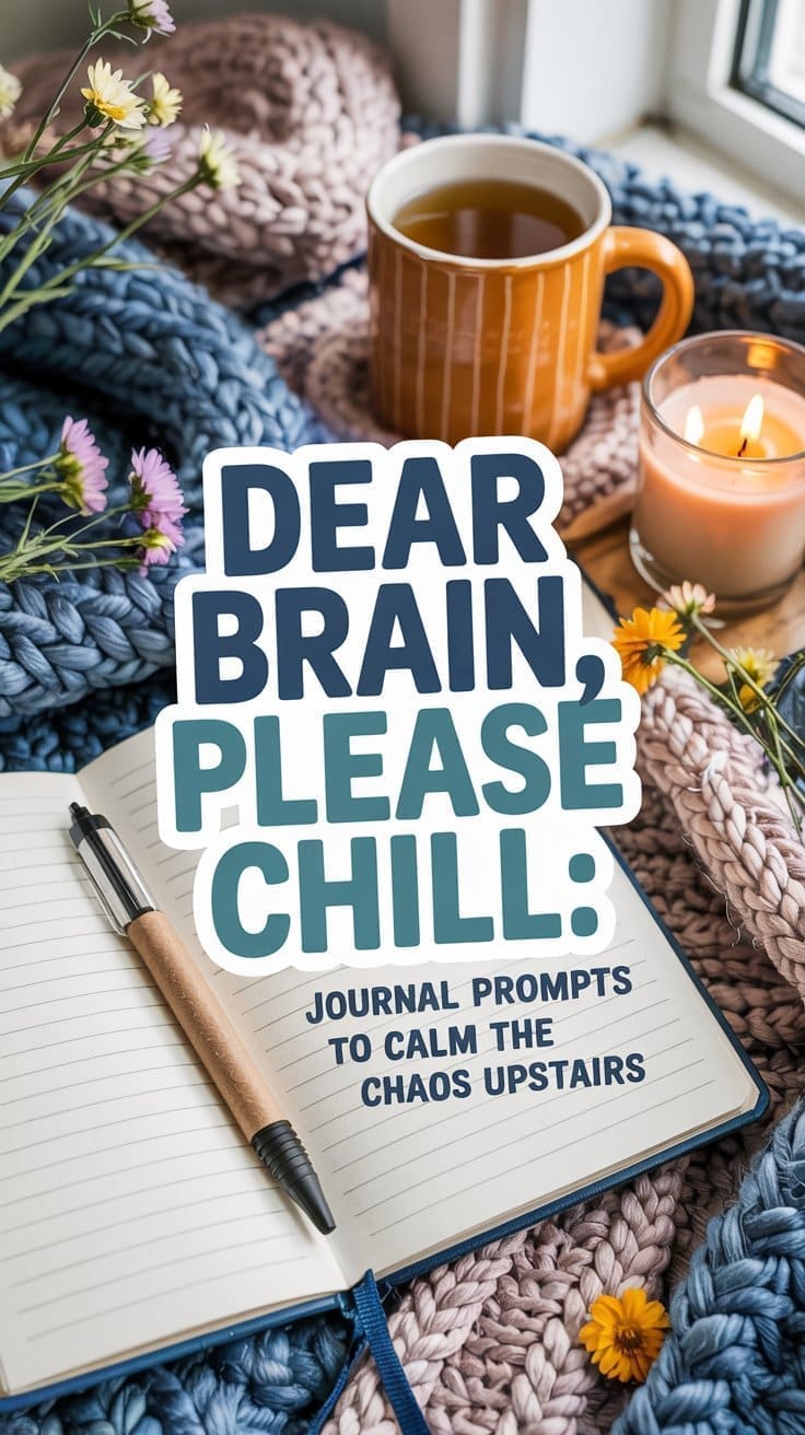 An open journal and pen rest on a chunky knit blanket, surrounded by wildflowers, a lit candle, and a mug of tea. Text on the image reads: Dear Brain, Please Chill: Journal prompts to calm the chaos upstairs.