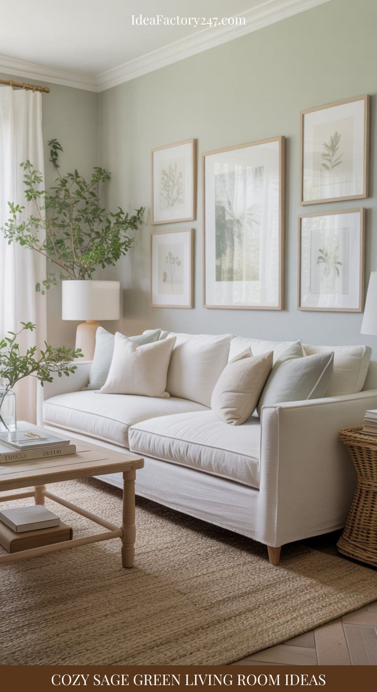 A cozy sage green living room with a white sofa, neutral pillows, framed botanical prints, a wooden coffee table, woven rug, and plants by the window. Natural light fills the calm, inviting space.