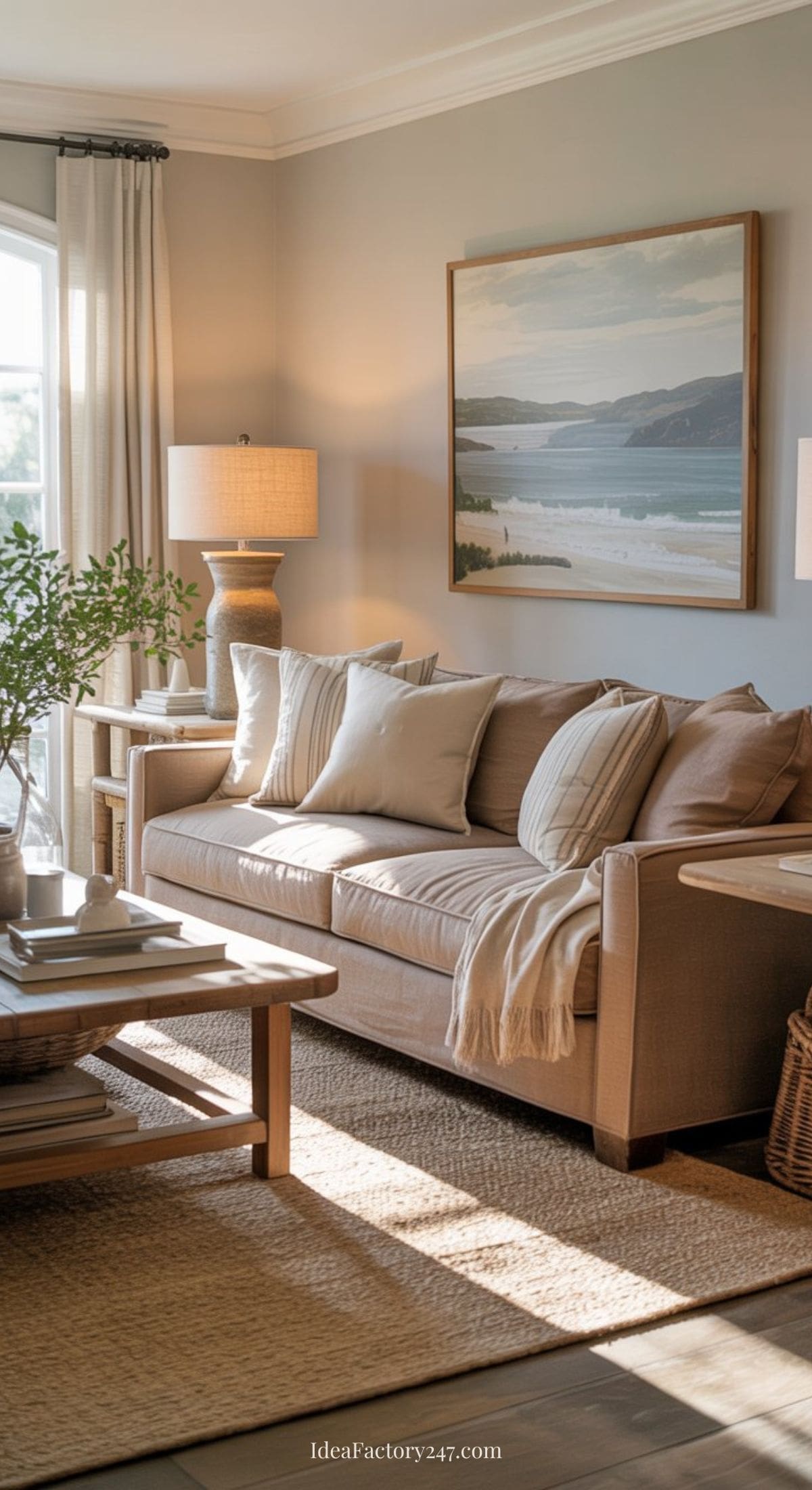 A living room with a couch and a lamp.