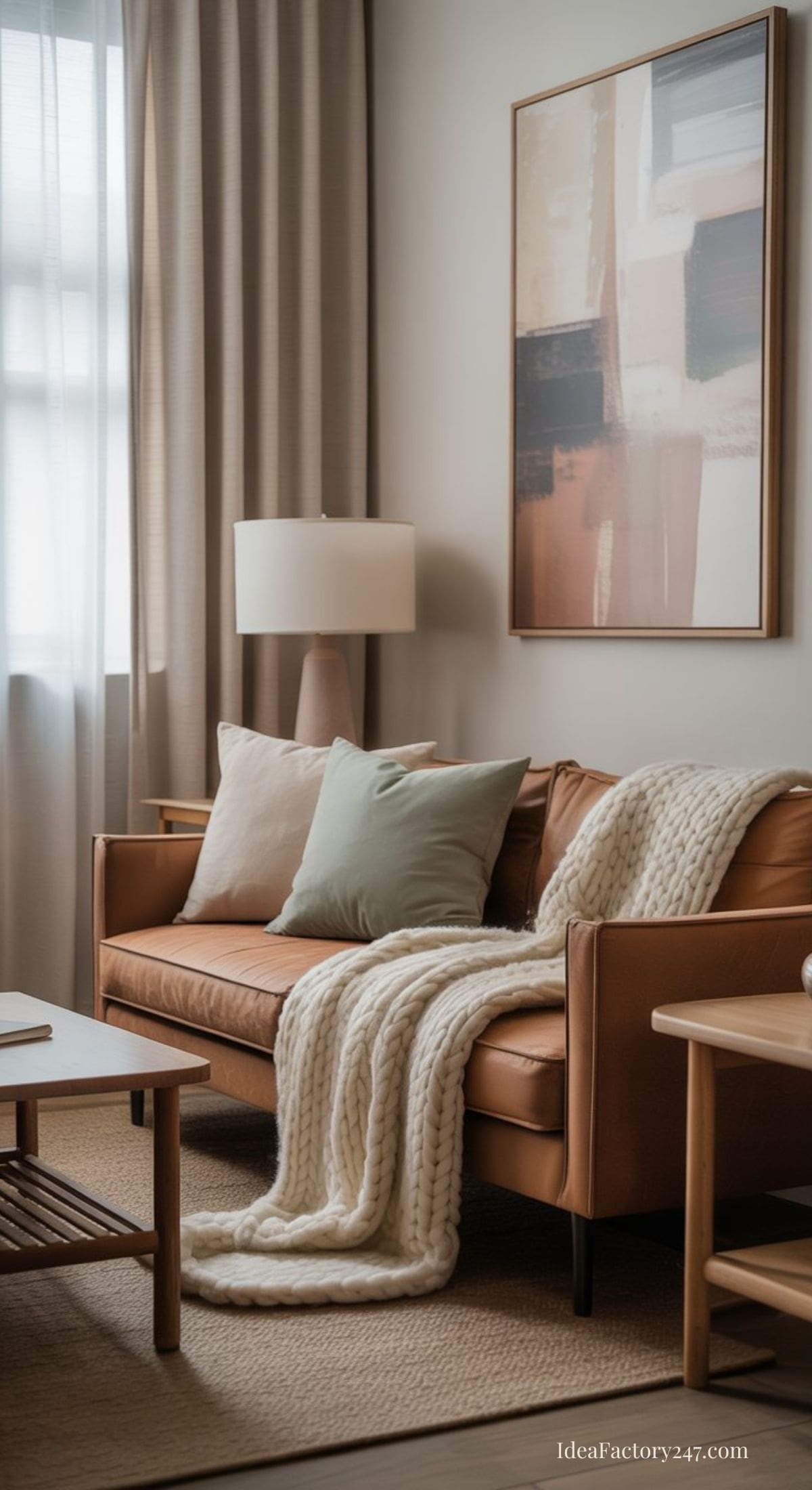 A cozy living room with a tan leather sofa, neutral pillows, and a chunky knit blanket. Theres a modern lamp, abstract wall art, and natural light from a window with sheer curtains, creating a warm, inviting atmosphere.