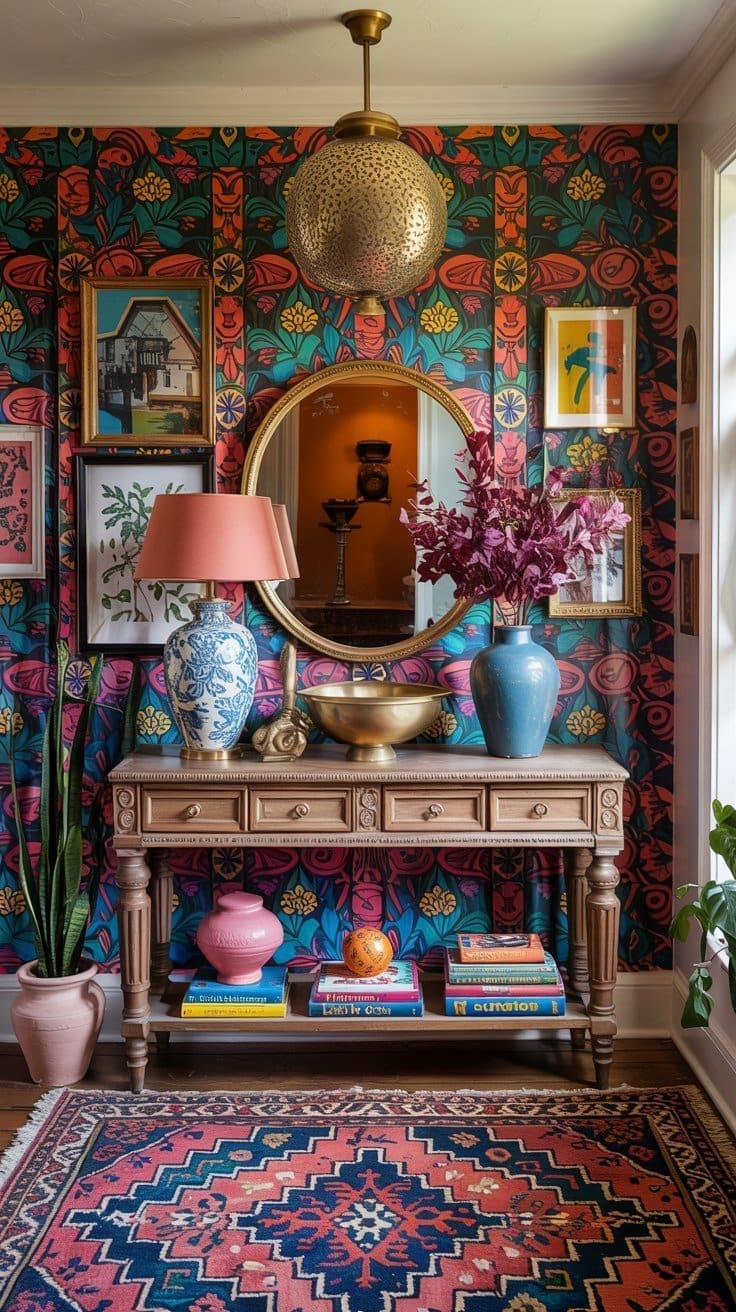 A vibrant entryway features a floral wallpaper, a round gold mirror, eclectic framed art, a wooden console table with colorful vases and lamp, stacked books, potted plants, and a patterned rug.