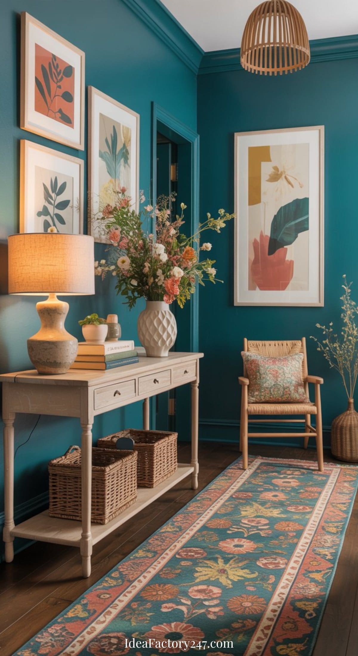 A hallway with teal walls, floral art, and a patterned rug showcases fresh spring entryway decor. A console table holds a lamp, books, and a vase of flowers. Wicker baskets and a cushioned wooden chair add to the cozy, inviting vibe.