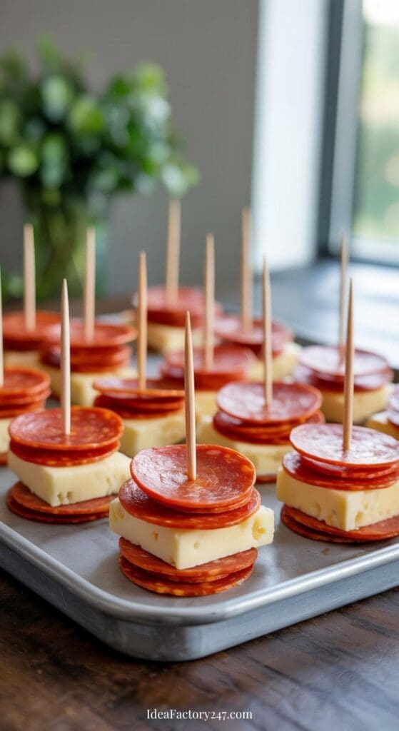 A tray of snack stacks made with slices of pepperoni and cheese, each held together with a toothpick, sits on a table with a blurred green plant in the background.