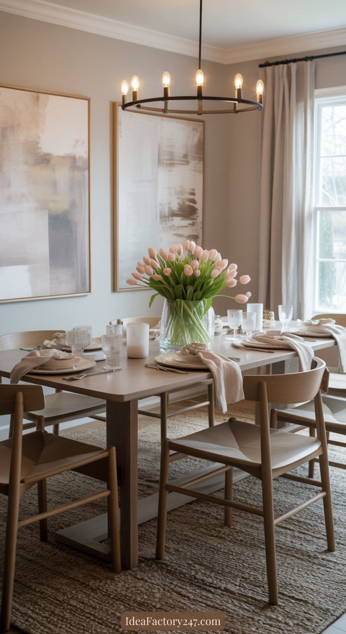 A modern dining room with a light wood table set for six, featuring a vase of pink tulips, neutral-toned chairs, large abstract wall art, beige curtains, and a black circular chandelier. Sunlight streams through a window.