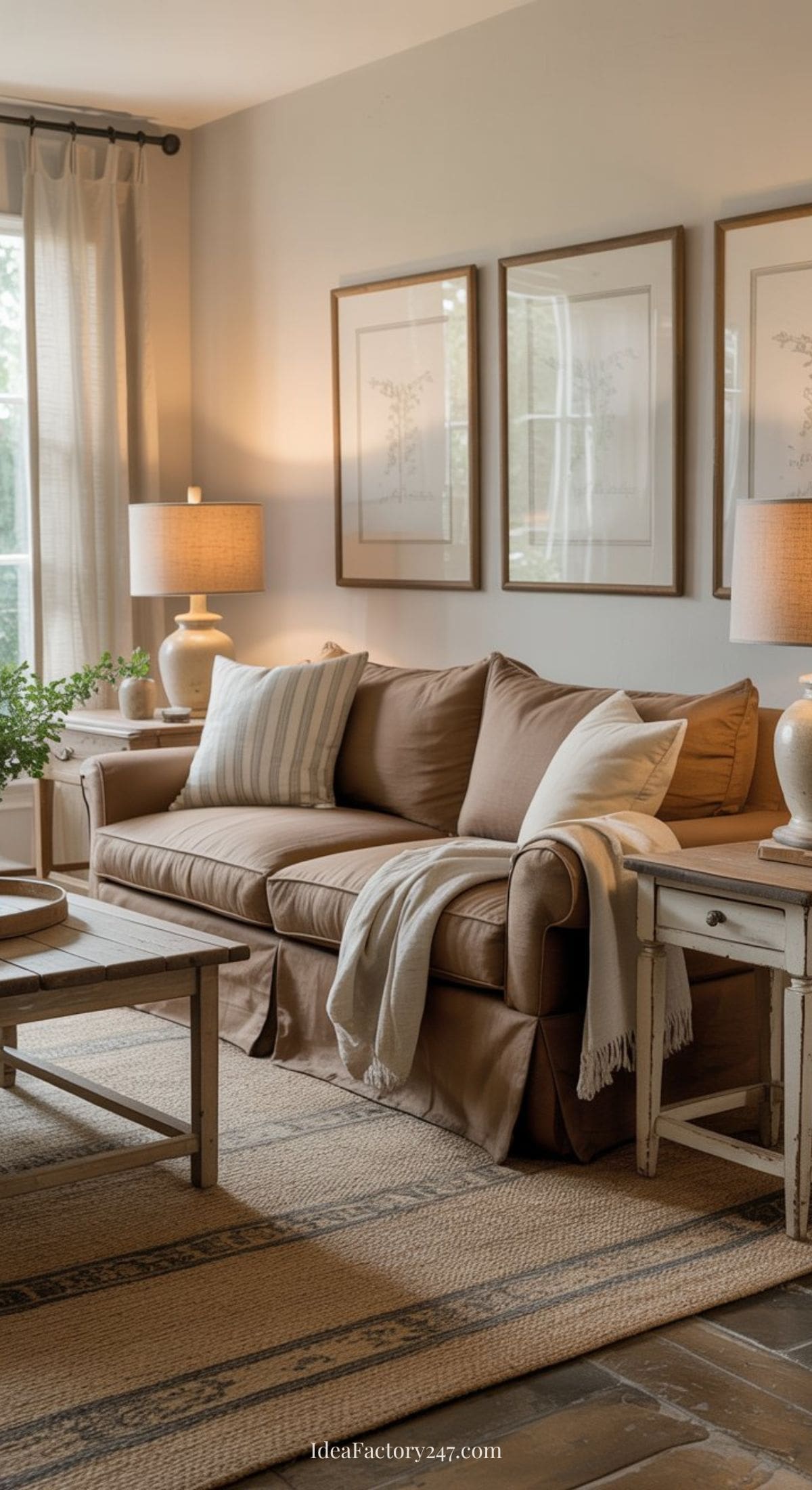 A cozy living room with a tan sofa, striped pillow, and white throw blanket, between two side tables with lamps. Two framed botanical prints hang above, and sunlight streams in from a large window with sheer curtains.