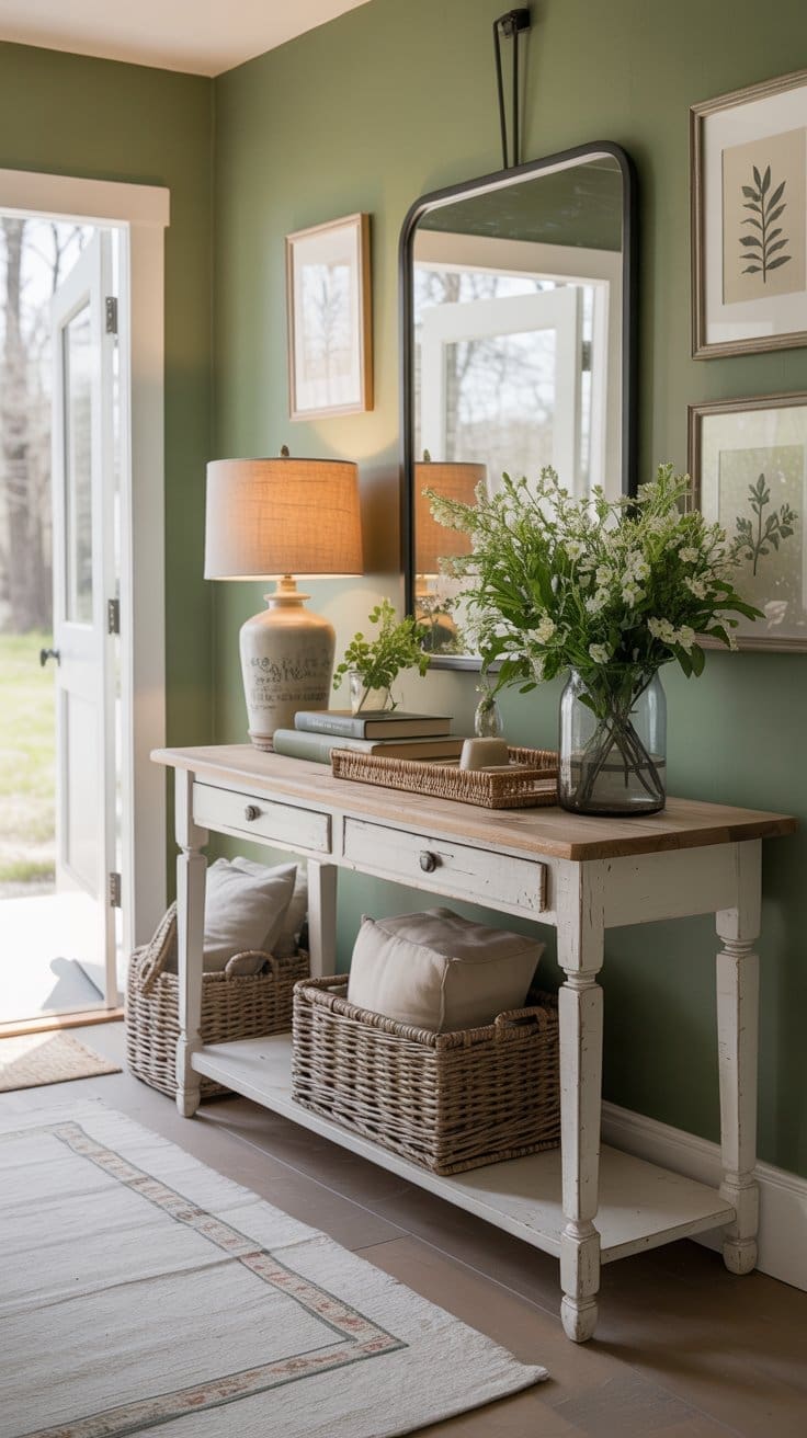 A cozy spring entryway decor features a green wall, white console table, large mirror, lamp, framed art, wicker baskets, and a vase of white flowers; natural light streams in from an open door.