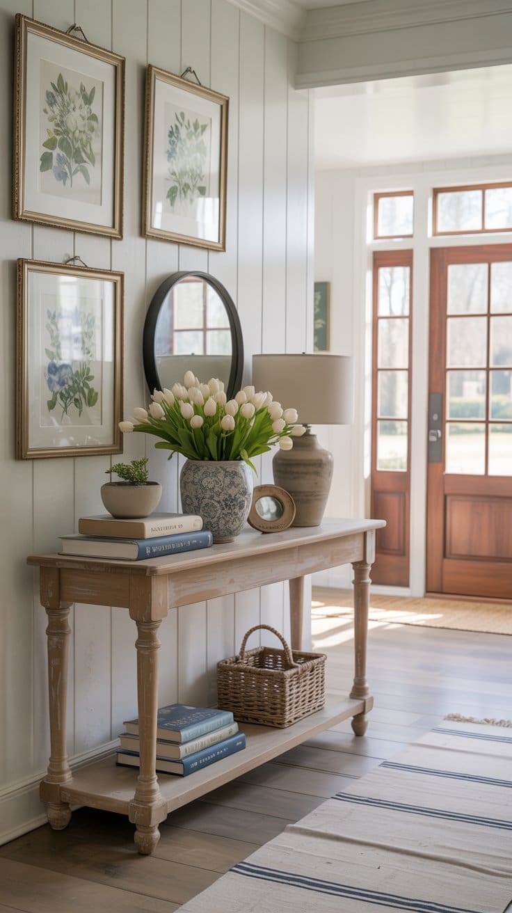 A bright spring entryway decor features a wooden console table with a vase of white tulips, books, a lamp, and pottery. Framed botanical prints hang above, while a woven basket and more books grace the lower shelf. Sunlight streams through glass doors.