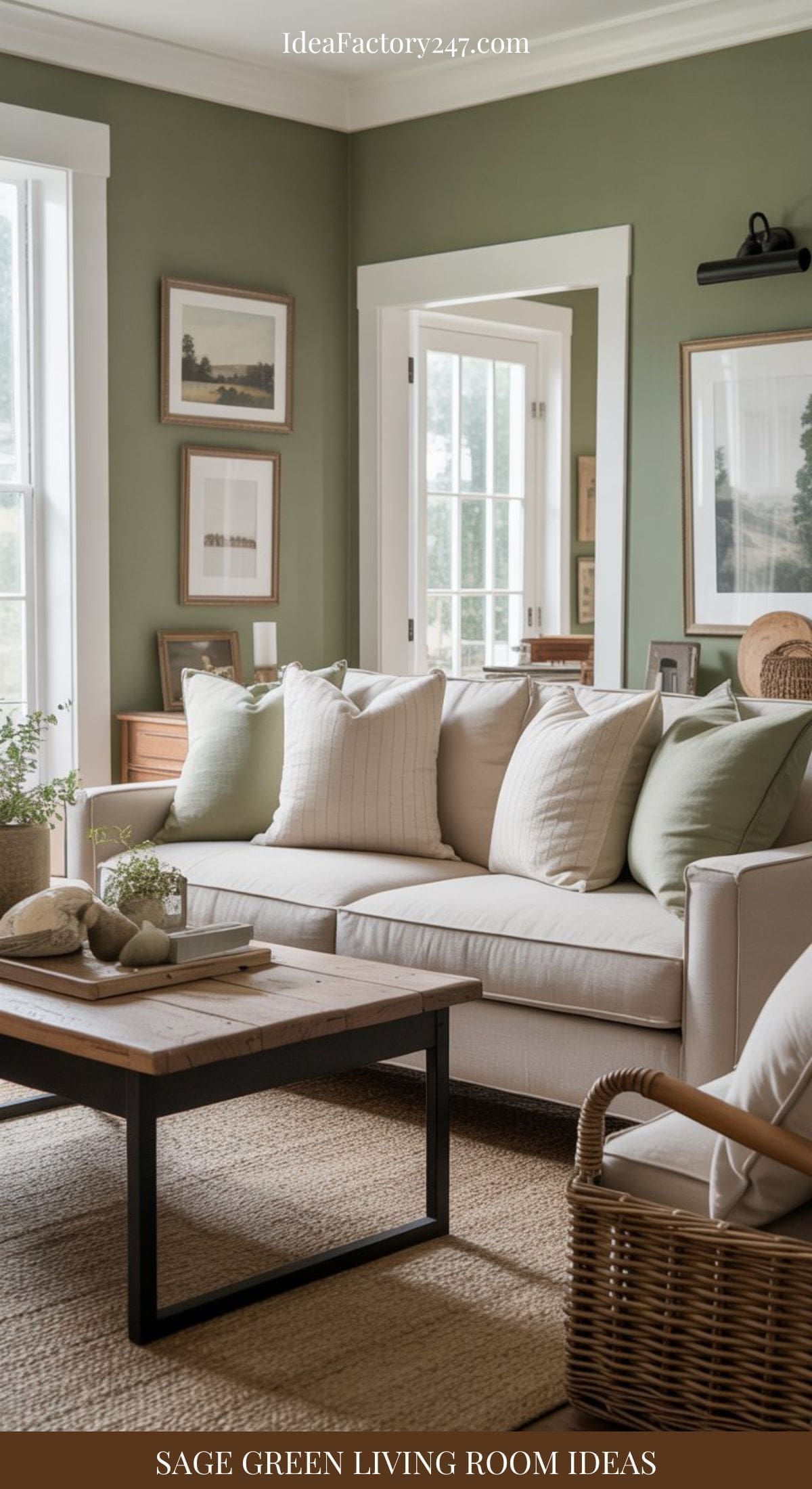 A cozy sage green living room features a beige sofa with green and white pillows, a wooden coffee table, wicker accents, and framed art. Large windows fill the space with natural light.