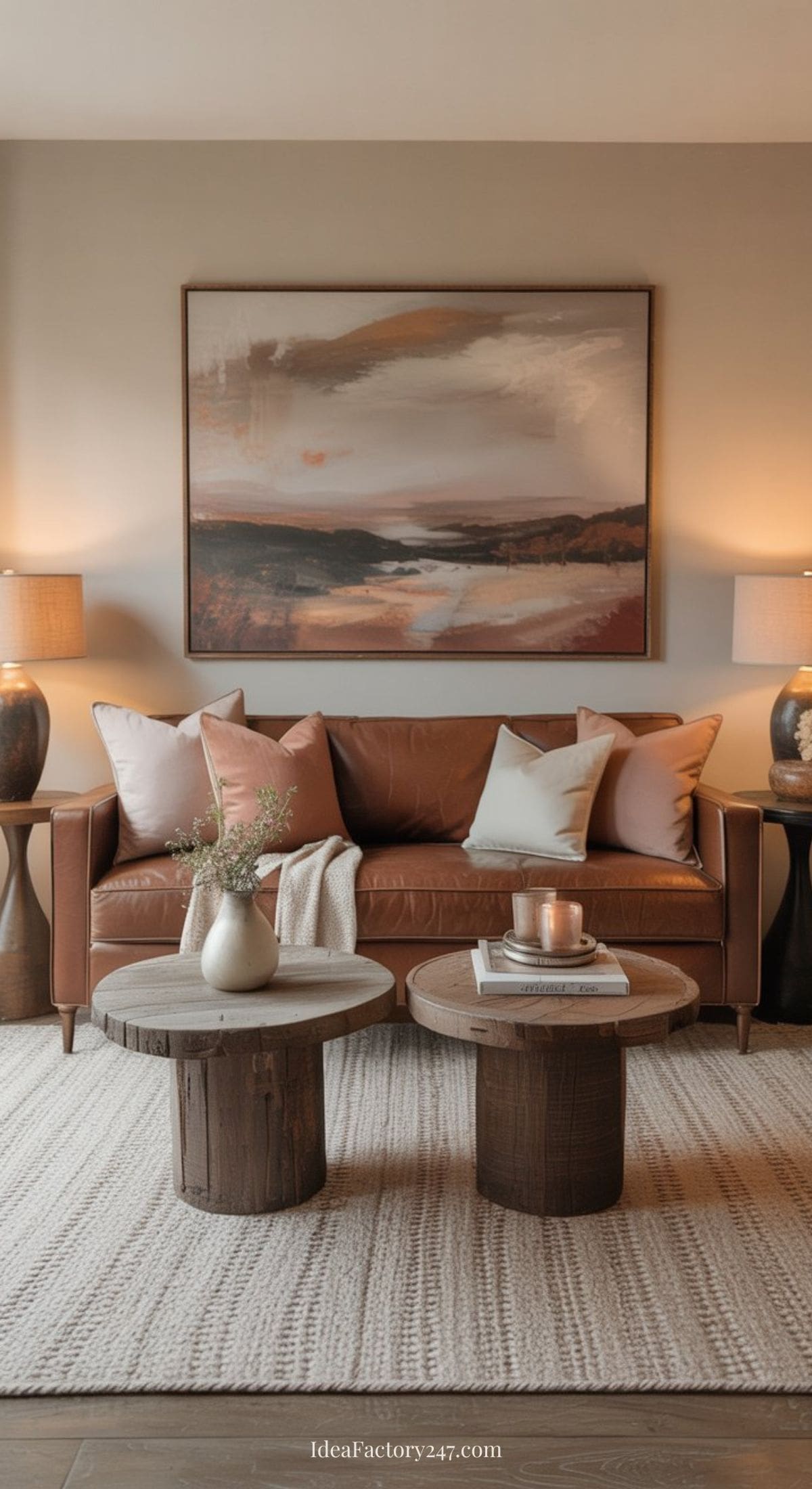 A cozy living room with a brown leather sofa, pastel pillows, two round wooden coffee tables, a textured rug, and a large abstract landscape painting above the sofa, softly lit by two table lamps.