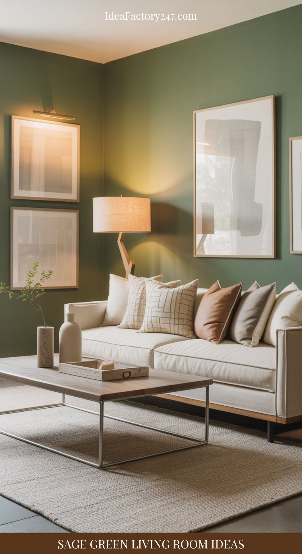 A modern sage green living room with neutral-toned sofa, assorted throw pillows, contemporary artwork, a floor lamp, and a minimalist coffee table featuring decorative vases atop a light textured rug.