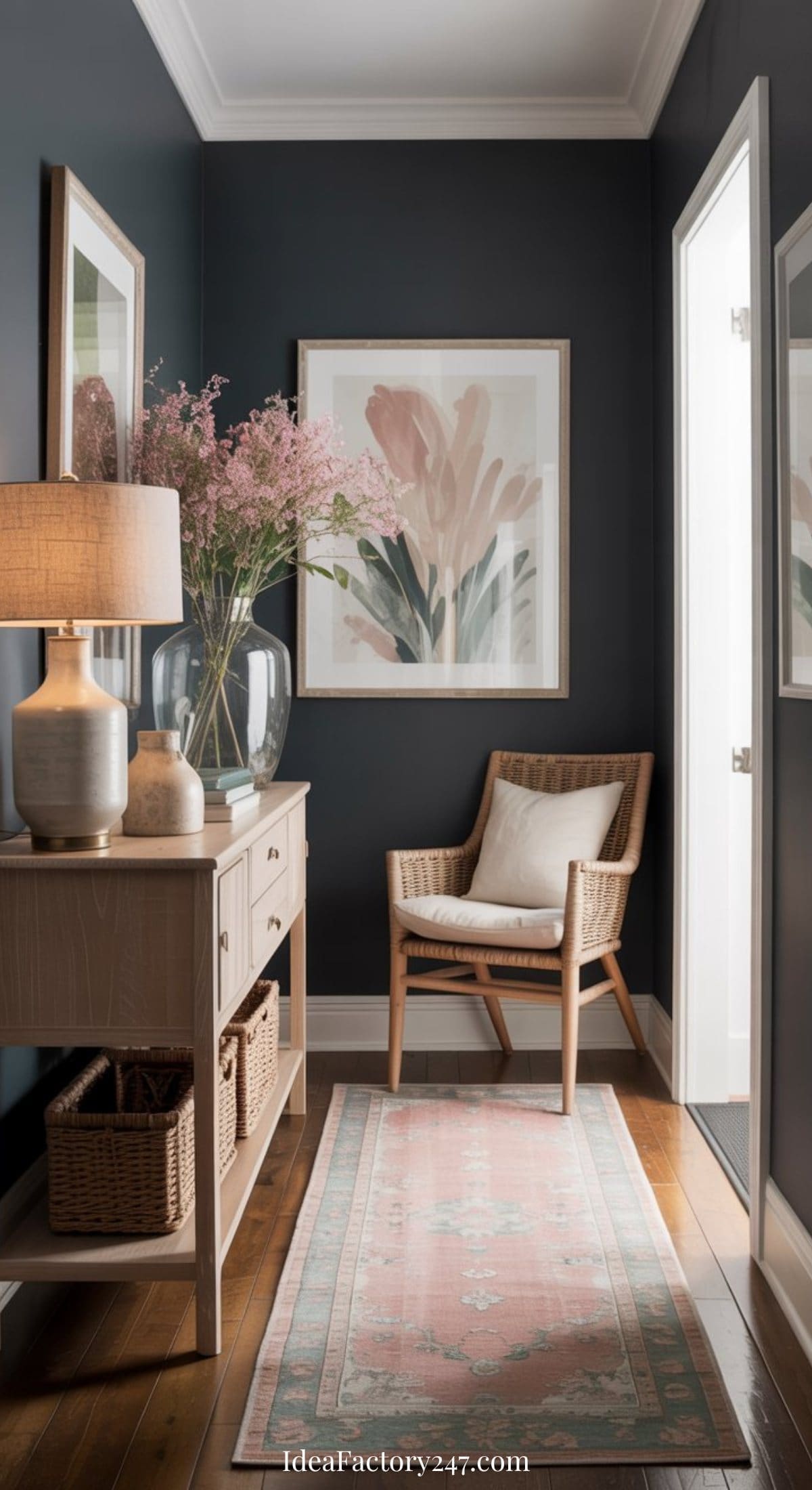 A cozy spring entryway decor features dark walls, a light wood console table with a lamp and pink flowers, a framed botanical print, a wicker chair, and a soft pink patterned rug on hardwood floors.