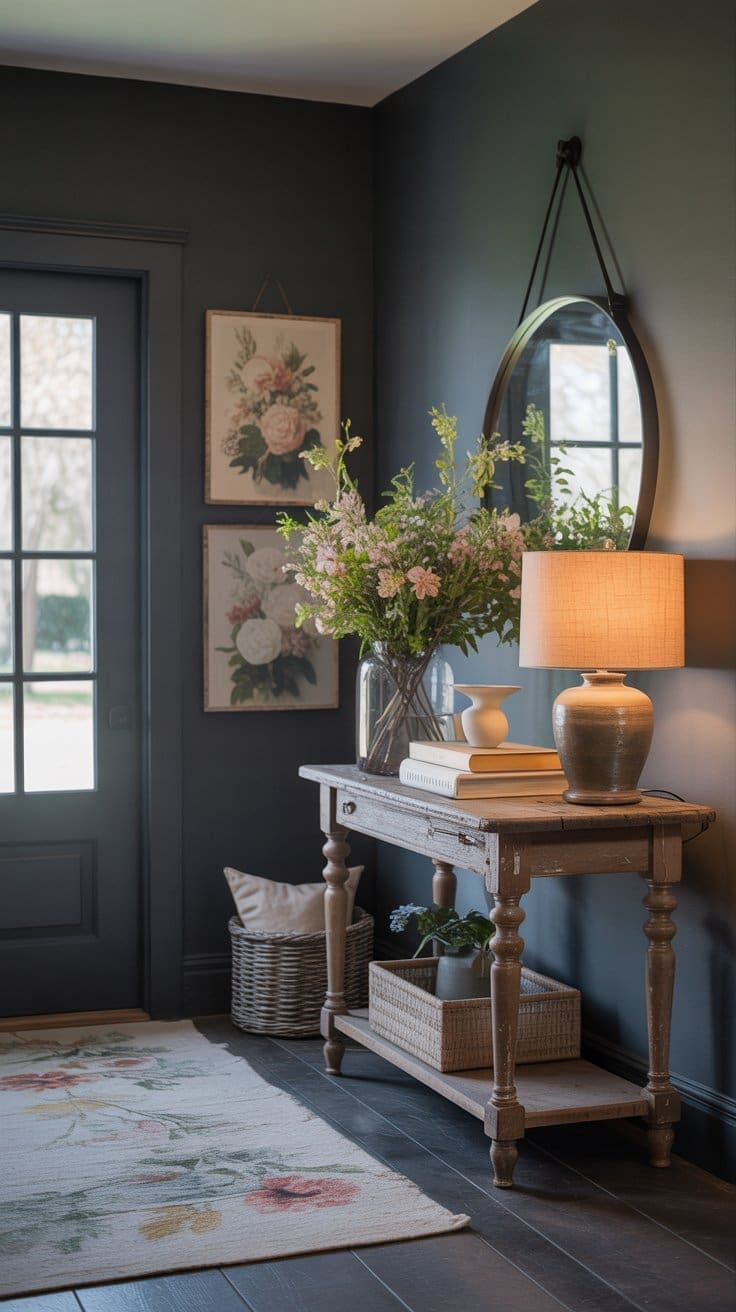 A cozy spring entryway decor features a rustic wooden table with a lamp, books, and fresh flowers. Dark walls display botanical prints and a round mirror. A woven basket sits below as sunlight pours through the glass-paned door.