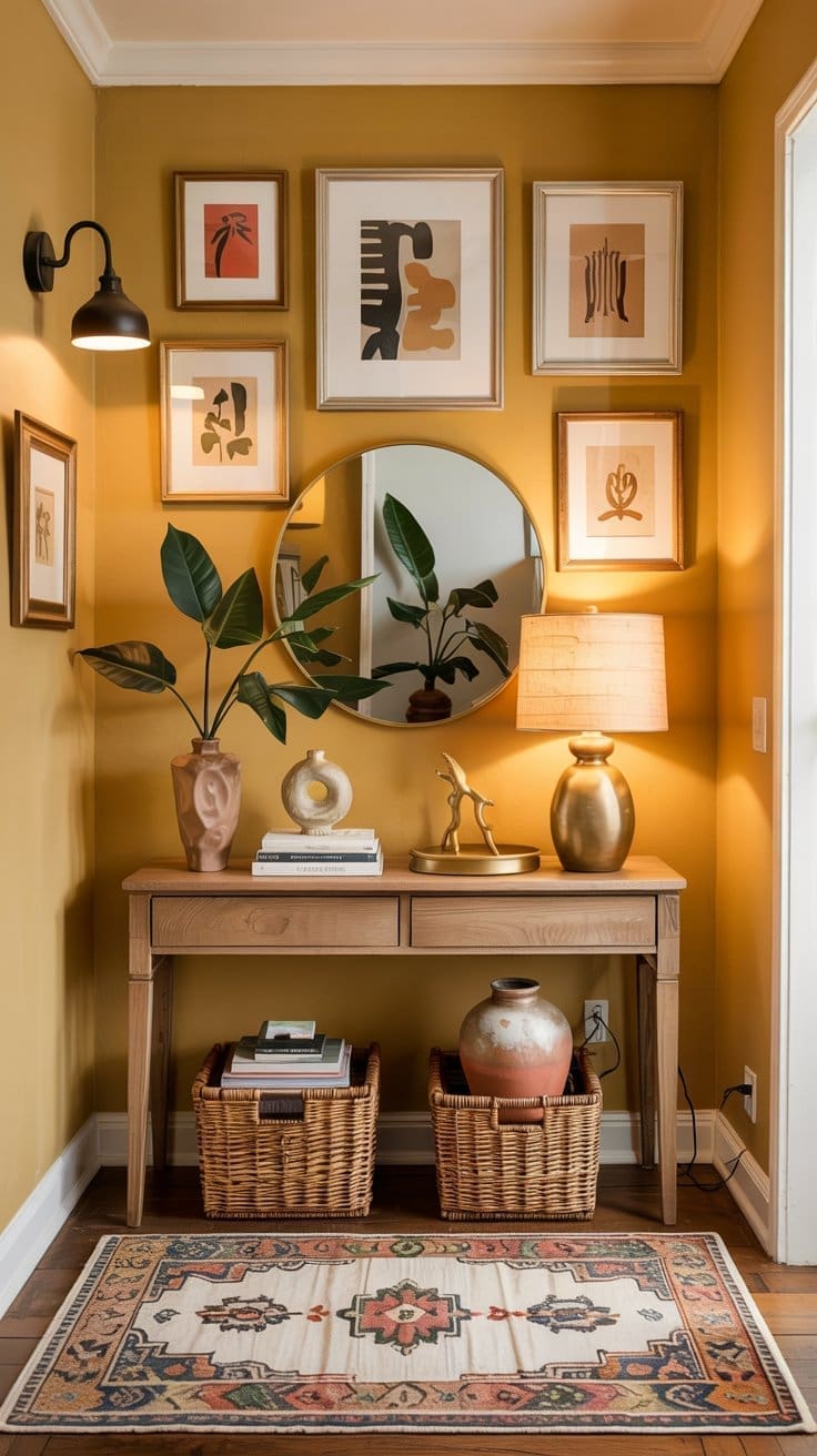 A cozy entryway with mustard yellow walls, a wooden console table topped with decor, a round mirror, framed abstract art, a table lamp, houseplant, woven baskets underneath, and a patterned rug on the floor.