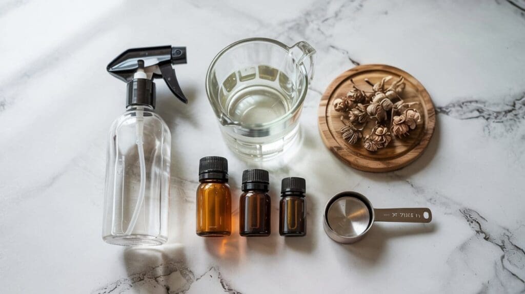 A glass spray bottle, three small amber essential oil bottles, a glass measuring cup with liquid, a metal measuring spoon, and dried botanicals on a wooden coaster arranged on a marble surface.