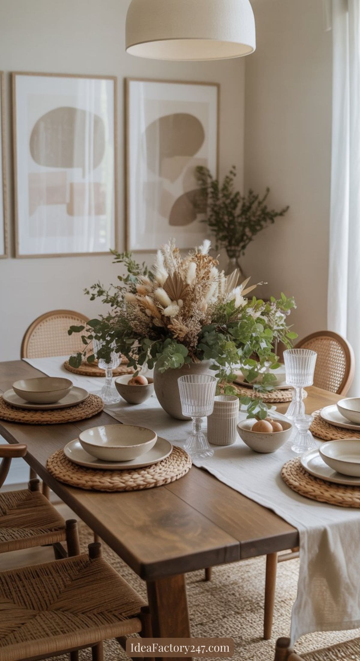 A cozy dining room table set with woven placemats, neutral-colored dishes, clear glasses, and a large vase of dried flowers. Wooden chairs and abstract art hang on the wall in a softly lit space.